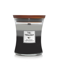 WoodWick Scented Candle Medium Trilogy Warm Woods - 11 cm / ø 10 cm - Scented Candle in Glass - Wooden Wick