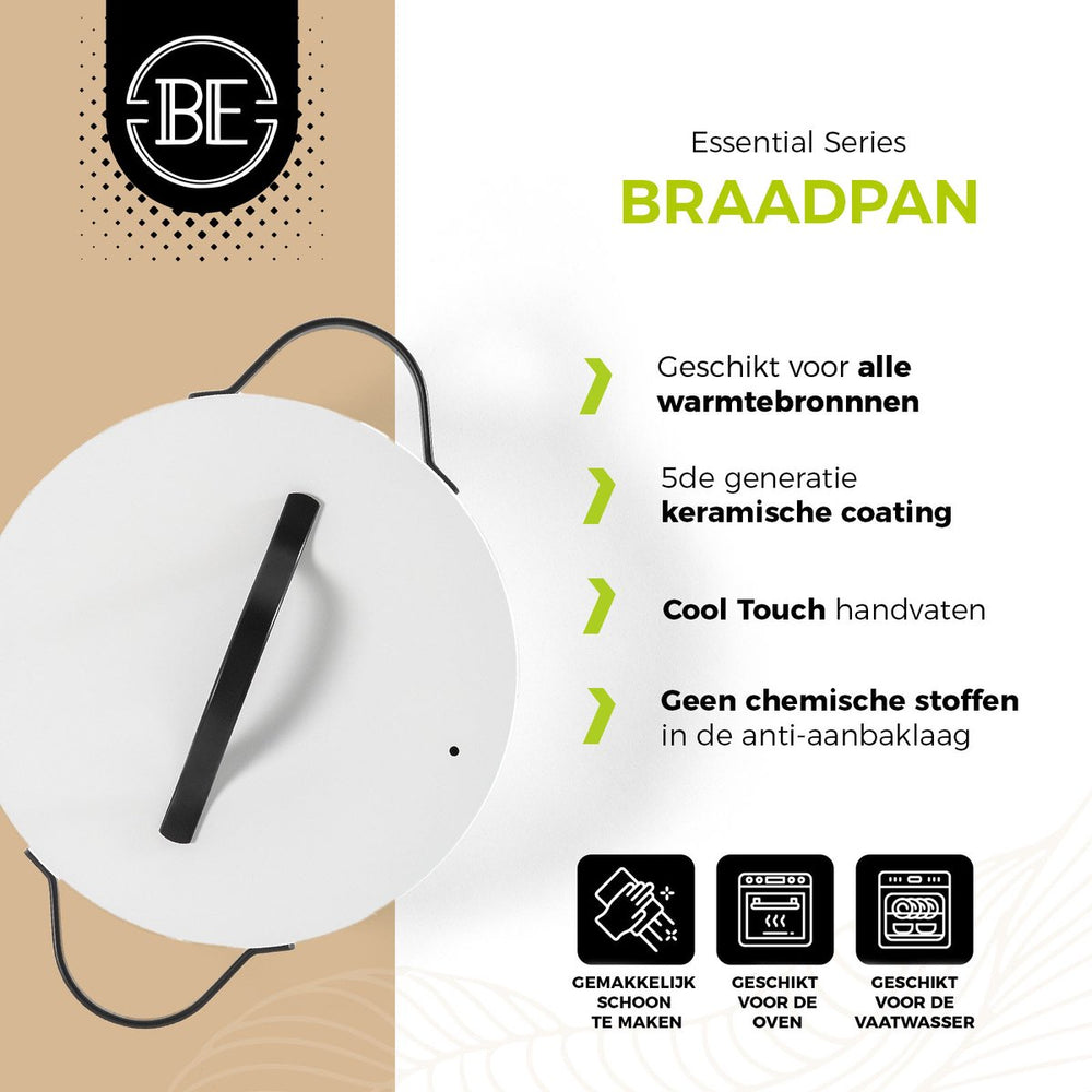 Be Living Braading Pan With Lid - Ø 28 Cm - Ceramic Anti -Piller - Suitable for all heat sources - White