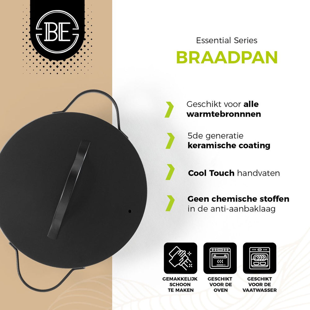 Be Living Braading Pan With Lid - Ø 28 Cm - Ceramic Anti -Piller - Suitable for all heat sources - Black