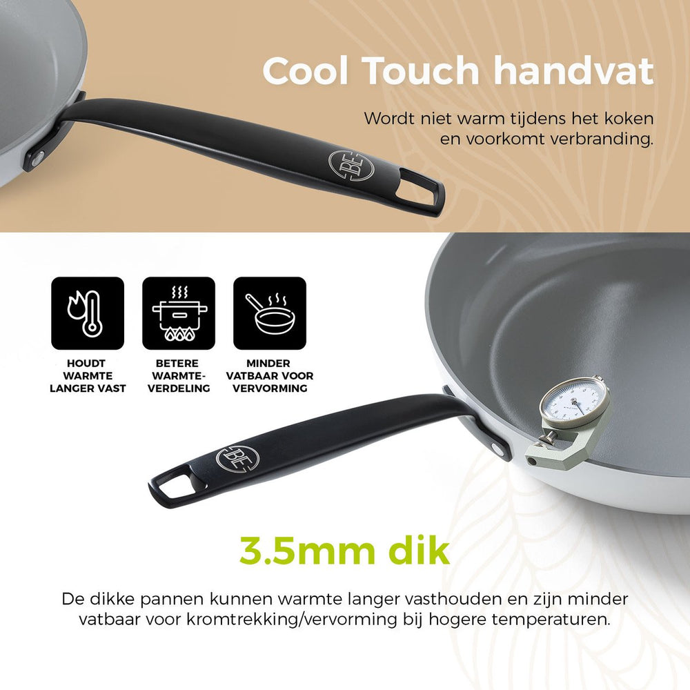 BE Living Hapjespan met Deksel - Ø 28cm - Keramische anti-aanbaklaag - PFAS vrij - Geschikt voor alle warmtebronnen - Wit