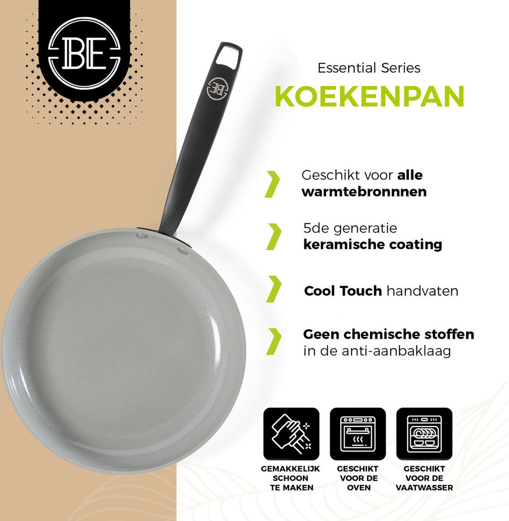 BE Living Koekenpan - Ø 28 cm - Keramische anti-aanbaklaag - PFAS vrij - Geschikt voor alle warmtebronnen - Zwart