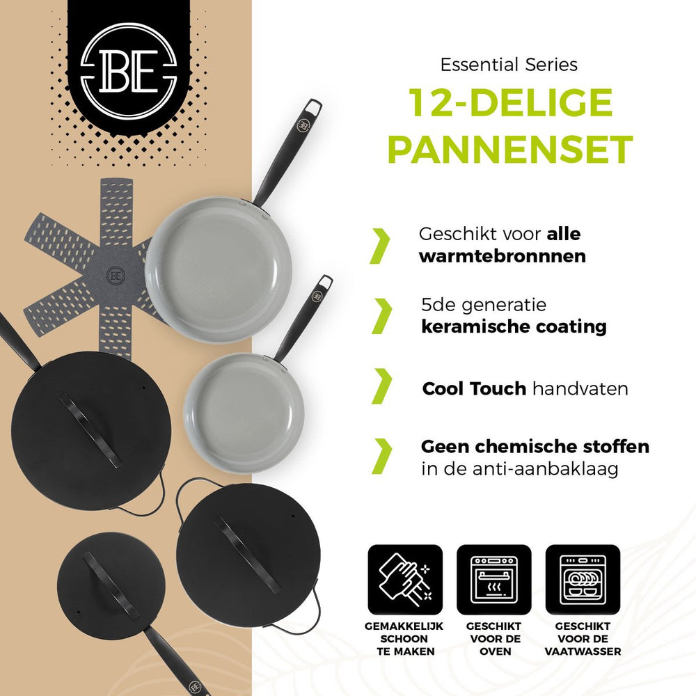 Be Living Pan Set - 12 -piece - Essential - Ceramic anti -stick coating - Suitable for all heat sources - Black