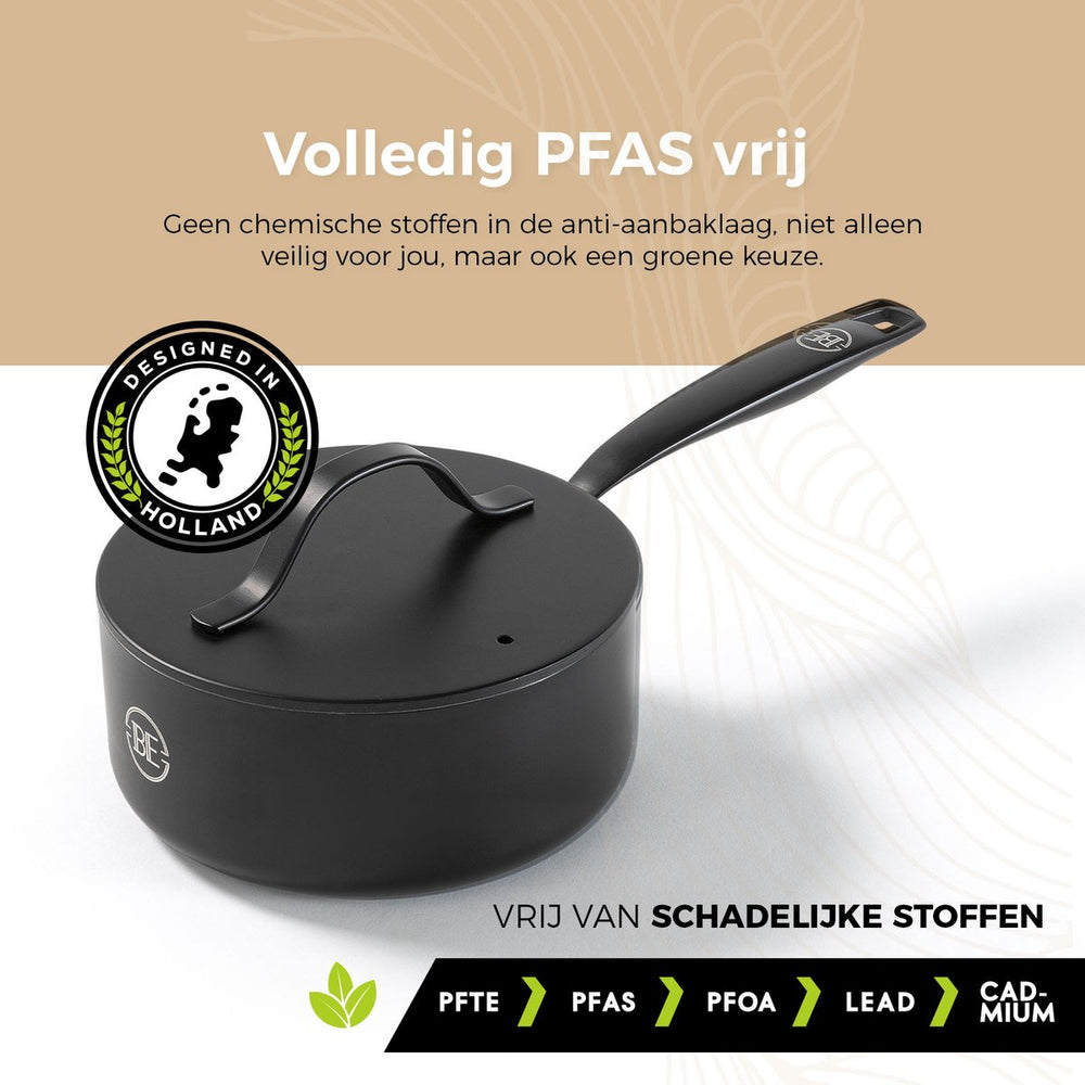 Be Living Steel pan with lid - Ø 18 cm - Ceramic anti -stick coating - PFAS Free - Suitable for all heat sources - Black