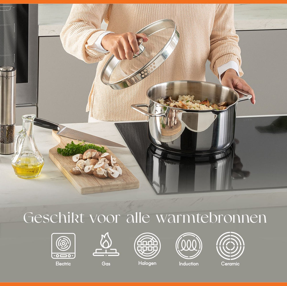 ELLE Gourmet Classique 8-delige Pannenset met bijbehorende deksels - Zonder anti-aanbaklaag - RVS