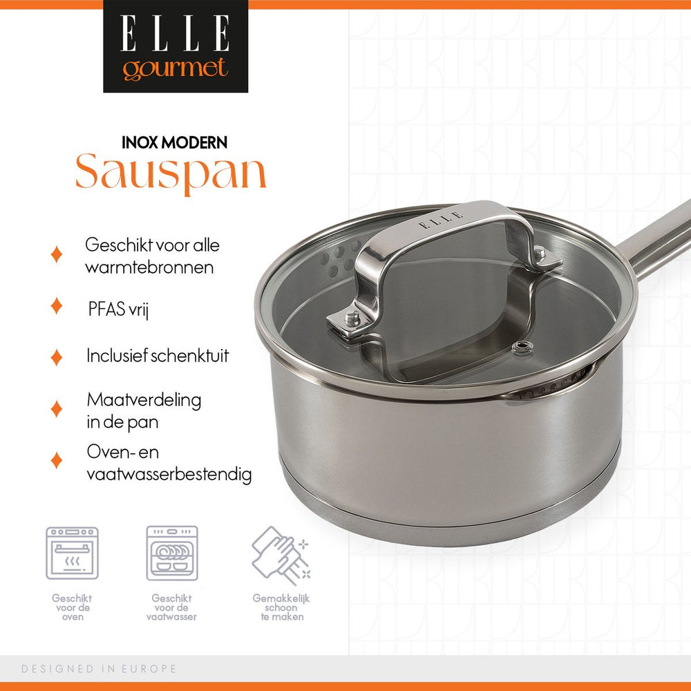 ELLE Gourmet Moderne Steelpan met Deksel - Ø 16 cm  - Zonder anti-aanbaklaag - RVS