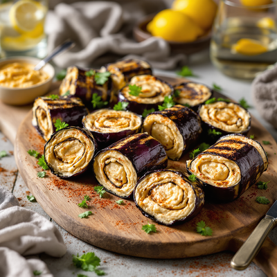 Aubergine rolletjes met hummus