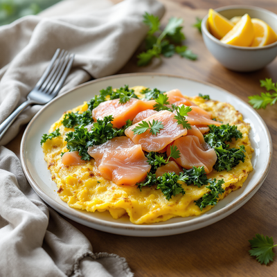 Omelette with kale and salmon