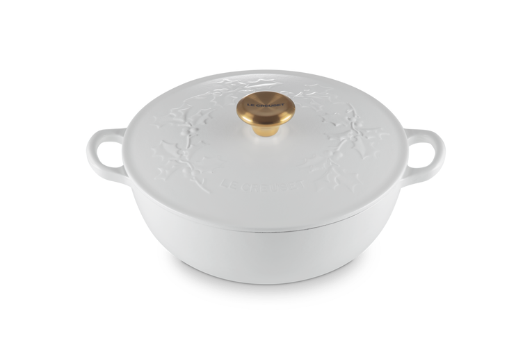 Le Creuset Braadpan Marmite met Goudkleurig Knop - Holly Christmas - Wit - ø 26 cm / 4.1 Liter