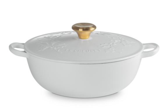 Le Creuset Braadpan Marmite met Goudkleurig Knop - Holly Christmas - Wit - ø 26 cm / 4.1 Liter