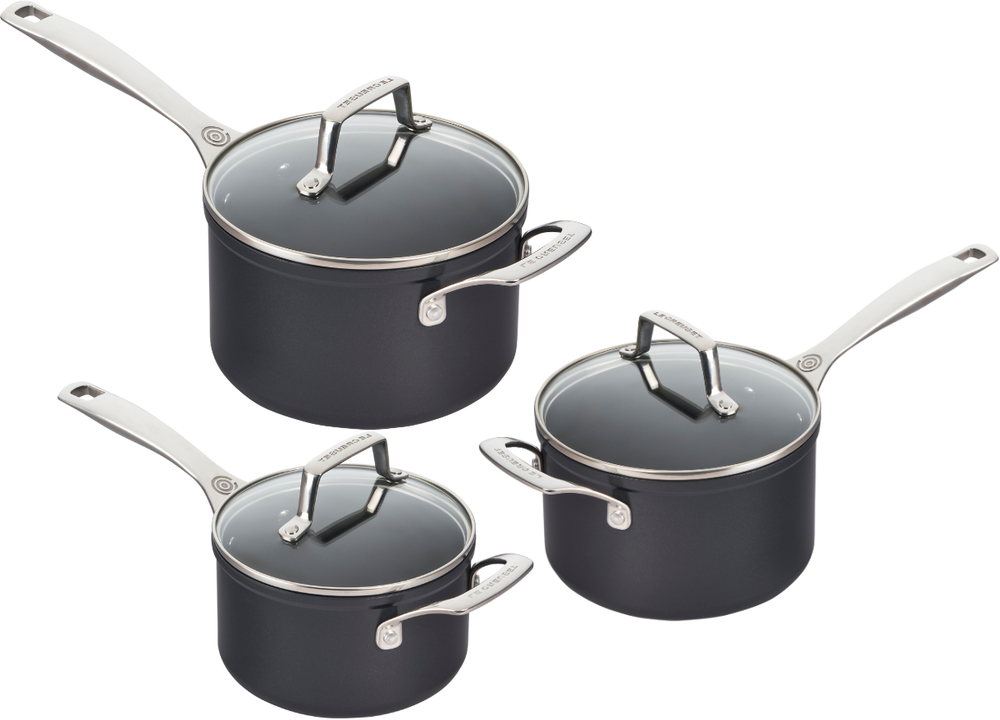 Le Creuset Steelpannen Essential Non-Stick Ceramic Set van 3 met Glazen Deksel - 16cm/18cm/20cm