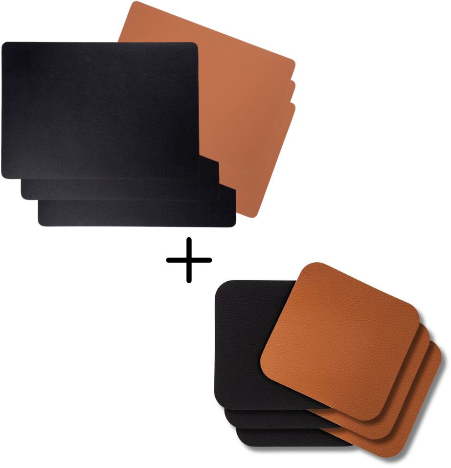 Jay Hill 6 Placemats + 6 Onderzetters Rechthoek - Vegan leer - Zwart / Cognac